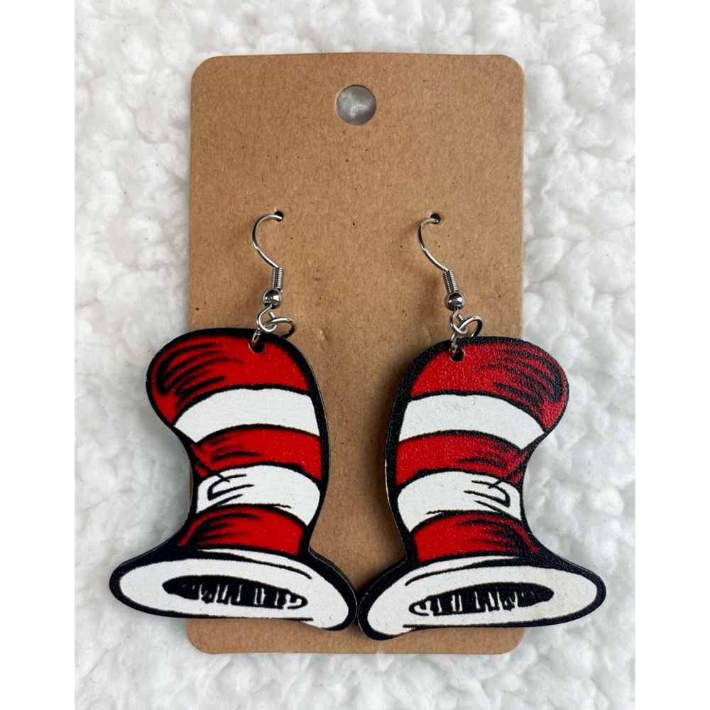(NWOT) DR. SEUSS • Cat In The Hat Red/White Striped Hat Wooden Dangle Earrings